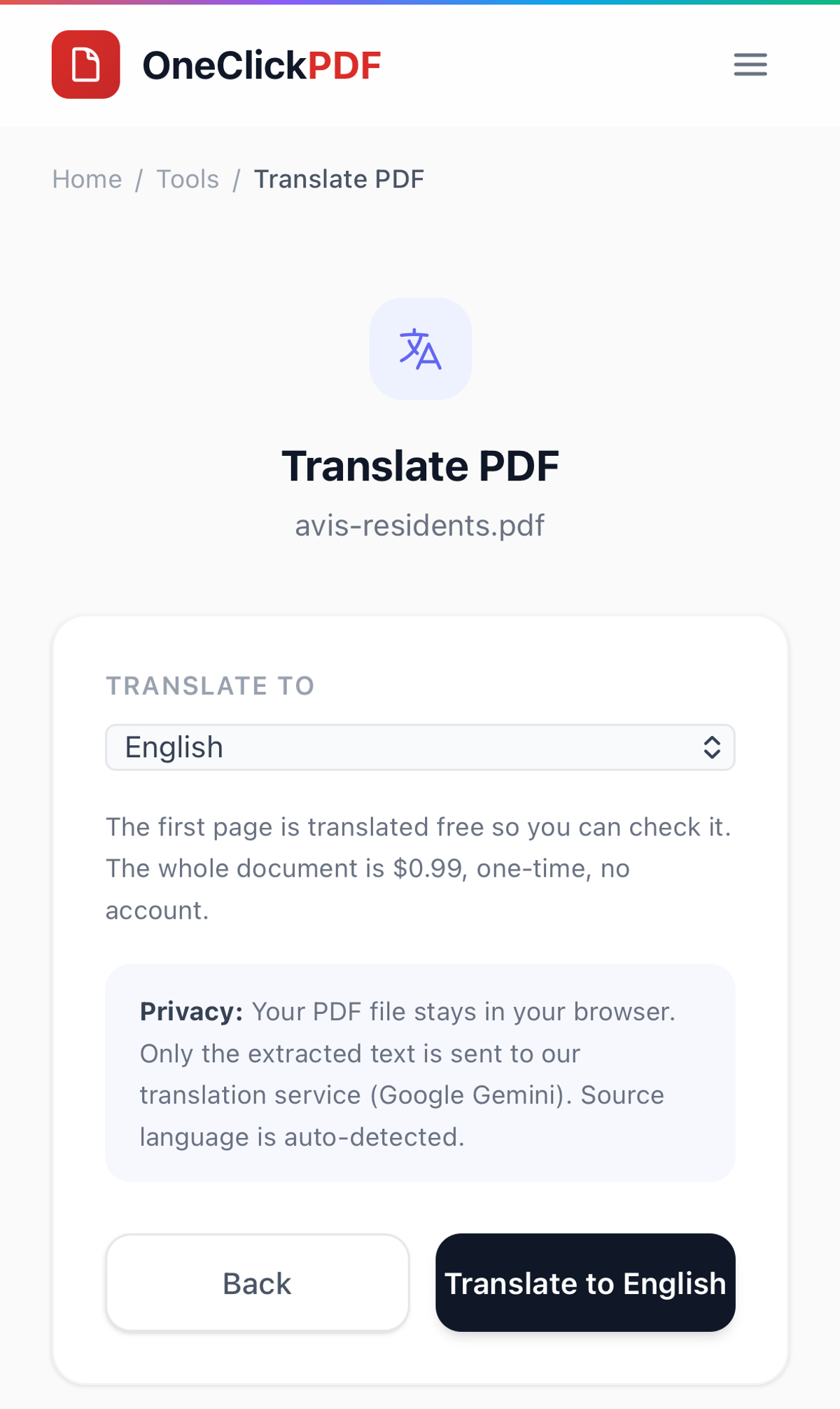 Translate PDF in Safari on an iPhone-sized screen: a file called avis-residents.pdf is open, English is chosen under Translate to, a privacy note says only the extracted text is sent to Google Gemini, and a Translate to English button sits at the bottom