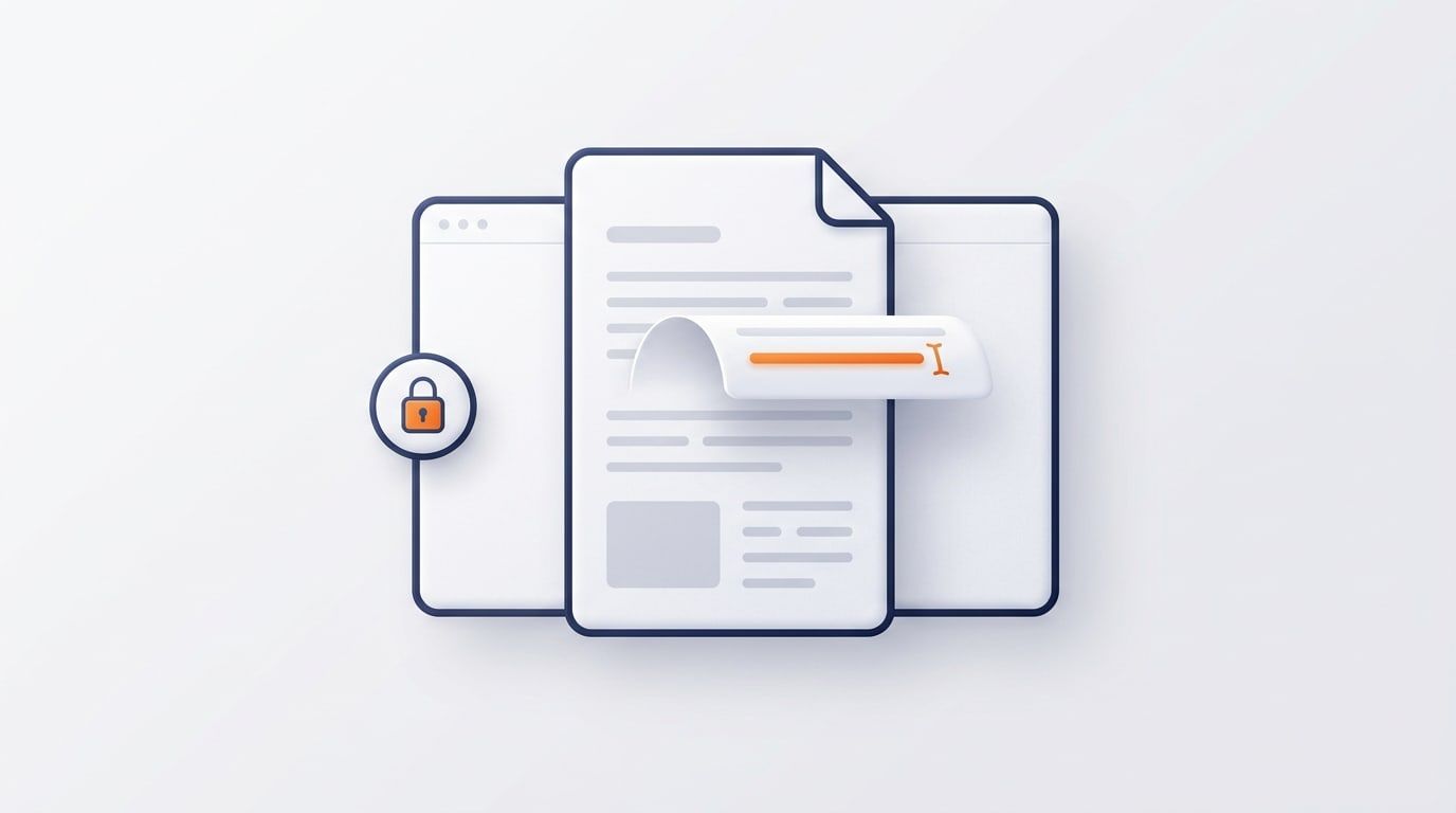 Illustration: a PDF page in a browser window with one line lifted and highlighted for editing, beside a padlock