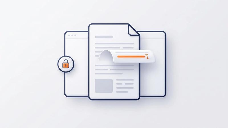 Illustration: a PDF page in a browser window with one line lifted and highlighted for editing, beside a padlock