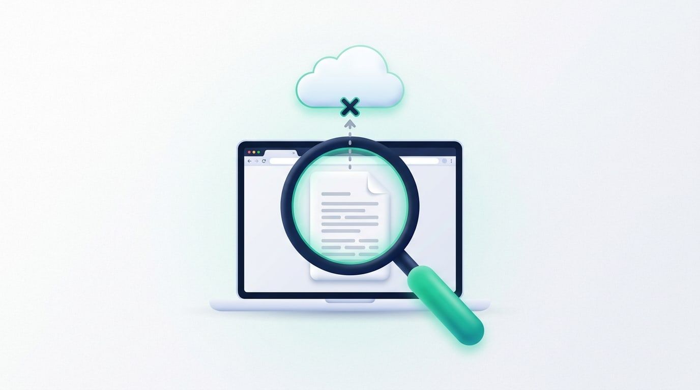 Illustration: a magnifying glass over a laptop's browser window showing a PDF page, with a dashed arrow from the page to a cloud stopped by a cross