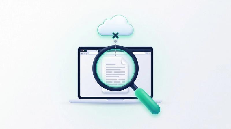 Illustration: a magnifying glass over a laptop's browser window showing a PDF page, with a dashed arrow from the page to a cloud stopped by a cross