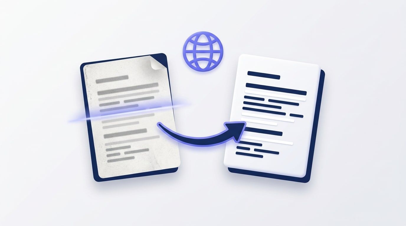 Illustration: a greyish, slightly tilted scanned page crossed by a violet scanning beam, with a curved arrow leading to a clean page of text lines and a small globe above it