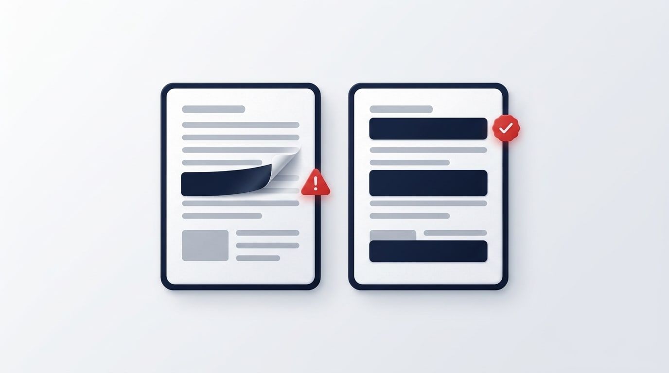 Illustration: two PDF pages side by side. On the left, a black bar peels up at one end to show a grey text line still underneath, next to a red warning sign; on the right, the black bars lie flat in the page beside a red check mark badge.