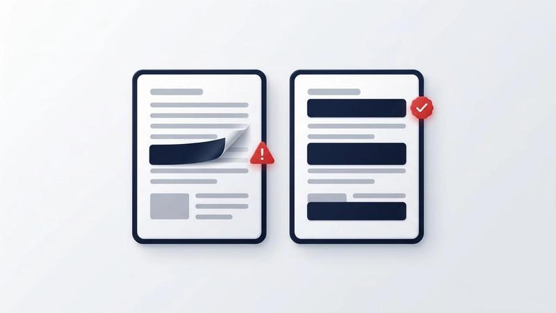 Illustration: two PDF pages side by side. On the left, a black bar peels up at one end to show a grey text line still underneath, next to a red warning sign; on the right, the black bars lie flat in the page beside a red check mark badge.