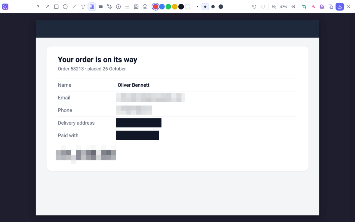 The ScreenSnap editor in Chrome showing an order confirmation. The email address, phone number and total are blurred into grey squares, the delivery address and card digits are covered by black boxes, and the Blur tool is selected in the toolbar.