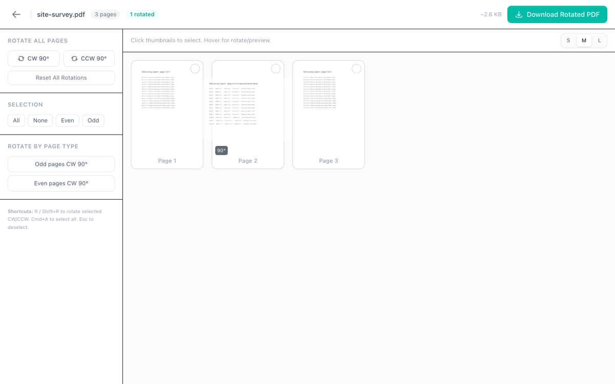 Rotate PDF showing three page thumbnails, with page 2 turned upright and a 90° badge on it, and a Download Rotated PDF button at the top right