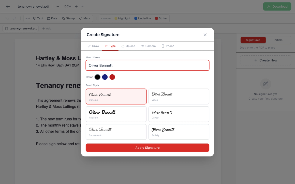 The Create Signature window in OneClickPDF Sign PDF, with the Type tab open, the name Oliver Bennett typed in and six handwriting font styles to choose from