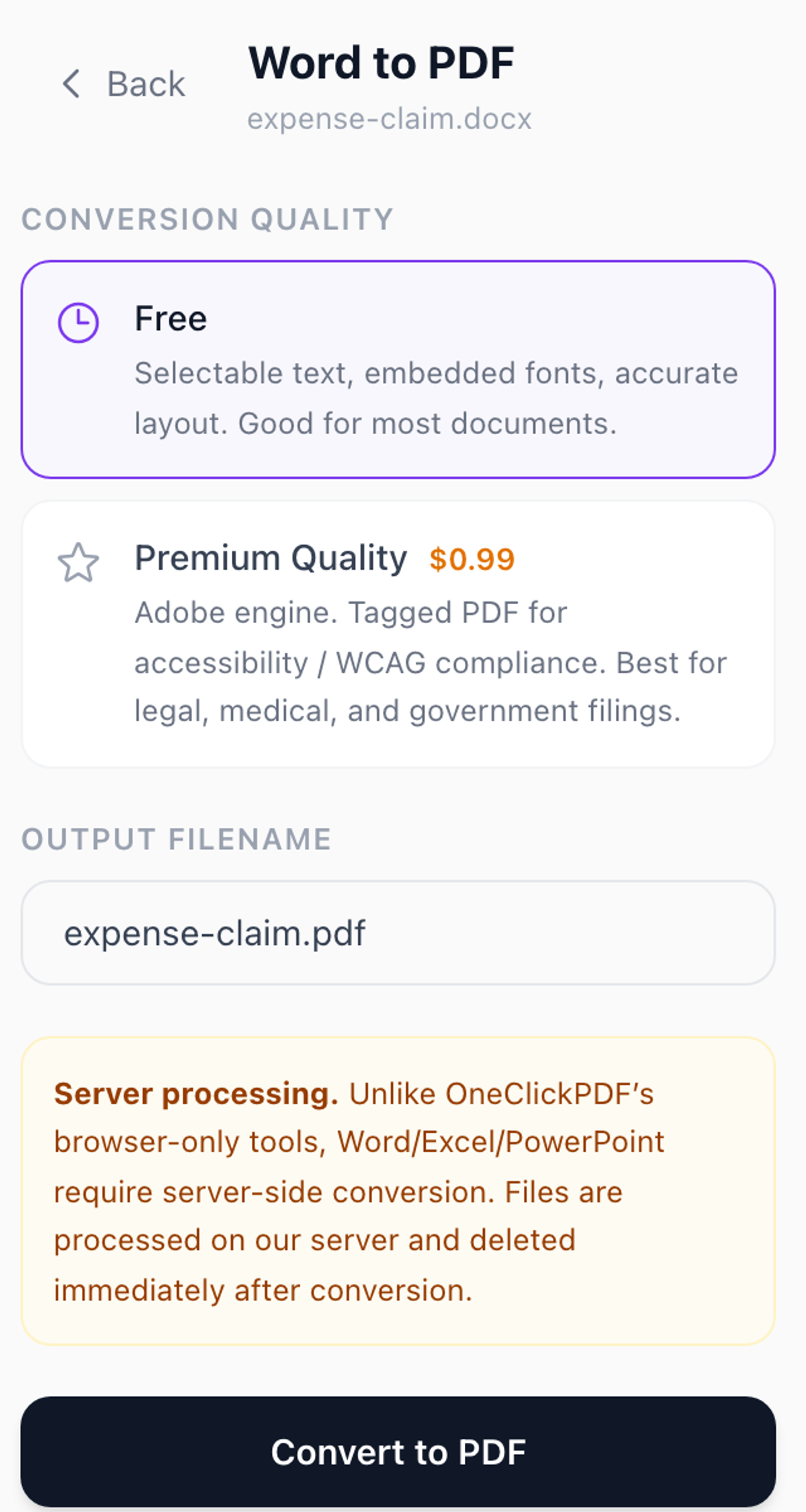 Word to PDF screen with expense-claim.docx loaded, the Free and Premium Quality options, and a notice saying the file is processed on our server and deleted immediately after conversion
