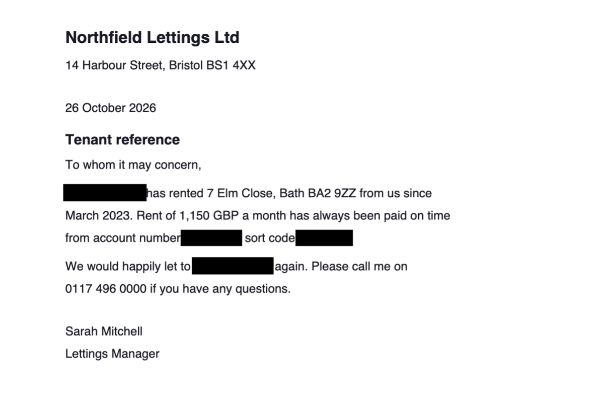 The redacted letter: the name, account number and sort code are solid black bars, the rest of the letter is readable