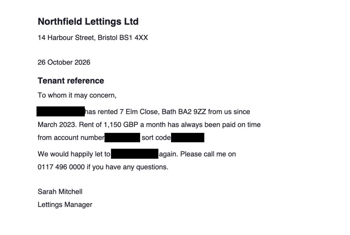 The redacted letter: the name, account number and sort code are solid black bars, the rest of the letter is readable