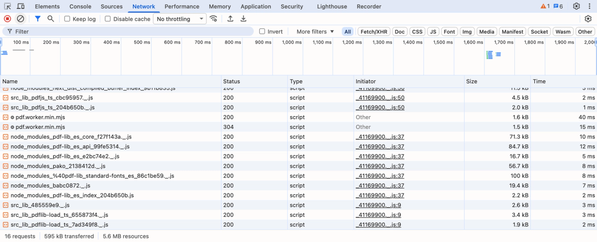 Chrome's Network panel listing 16 requests made during a merge, all scripts with status 200 or 304, such as pdf-lib and pdf.worker.min.mjs