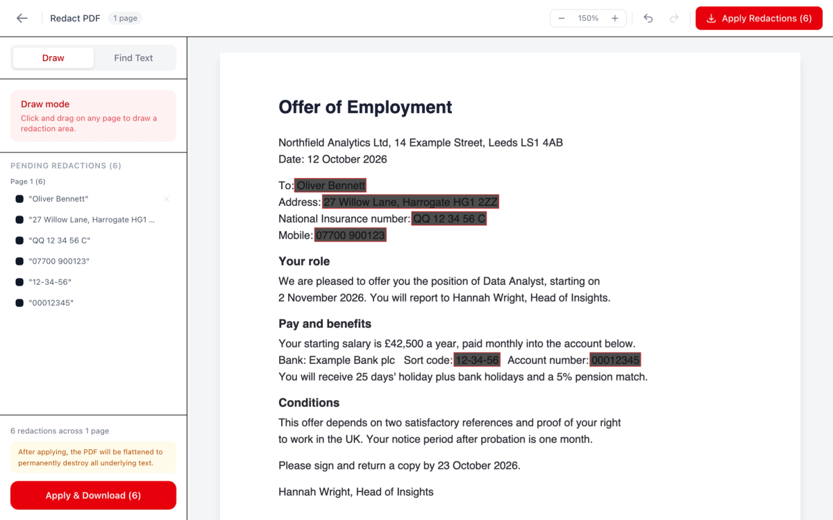 The Redact PDF editor with an offer letter open. The name, address, National Insurance number, mobile number, sort code and account number are covered by dark boxes and listed under Pending Redactions