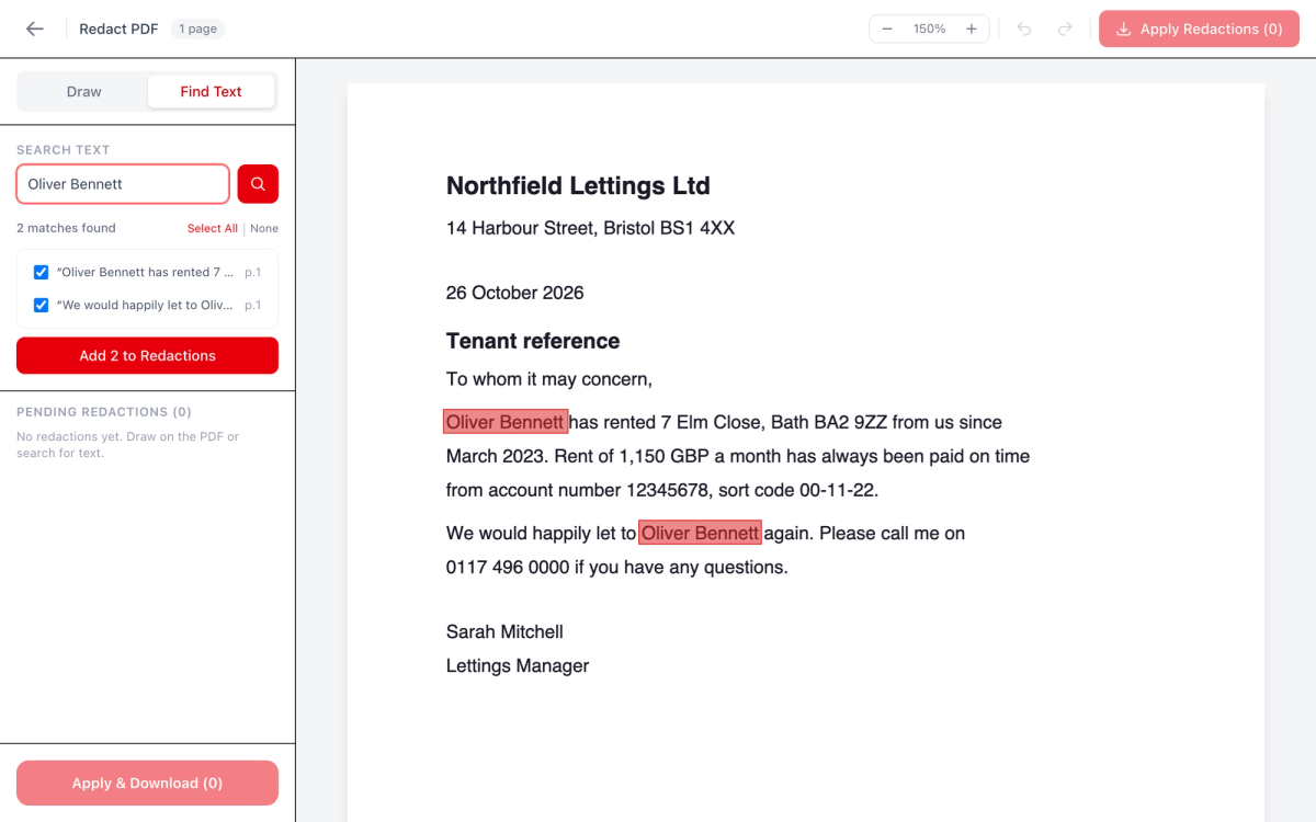 The Redact PDF editor with "Oliver Bennett" typed into Find Text, two matches found on page 1 and both highlighted on the letter