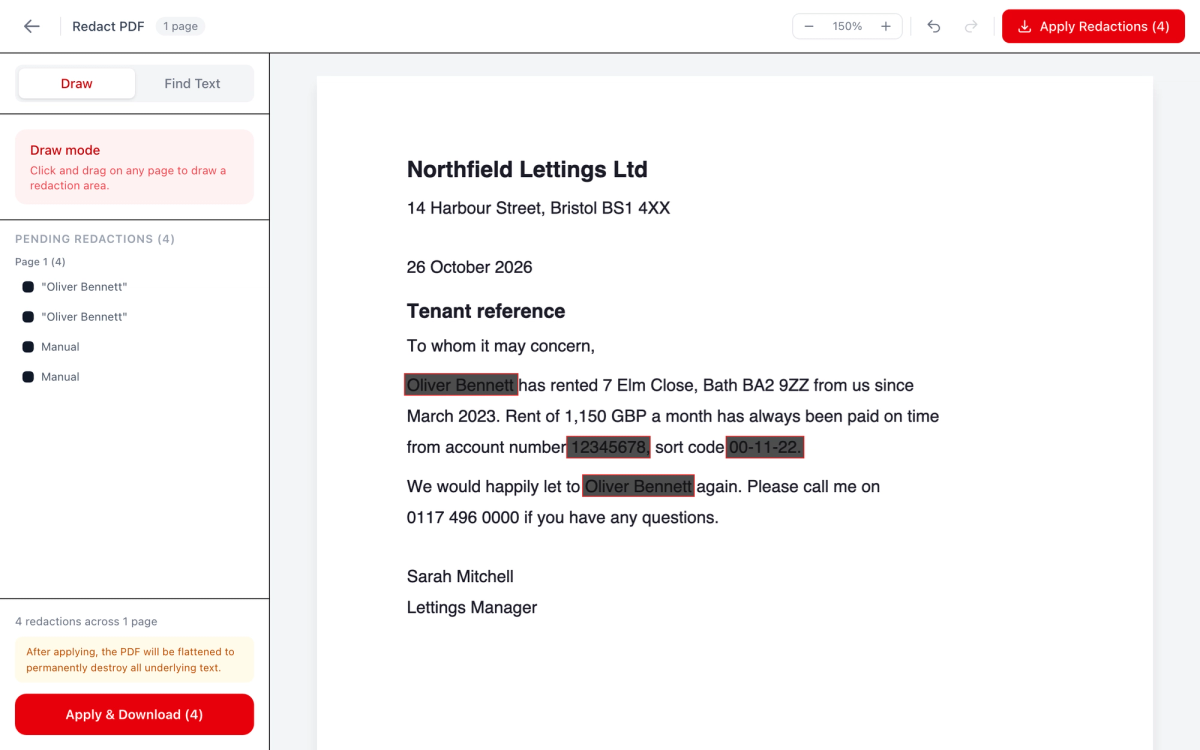 The letter in Redact PDF with four pending redactions: both mentions of the name, the account number and the sort code, listed in the sidebar