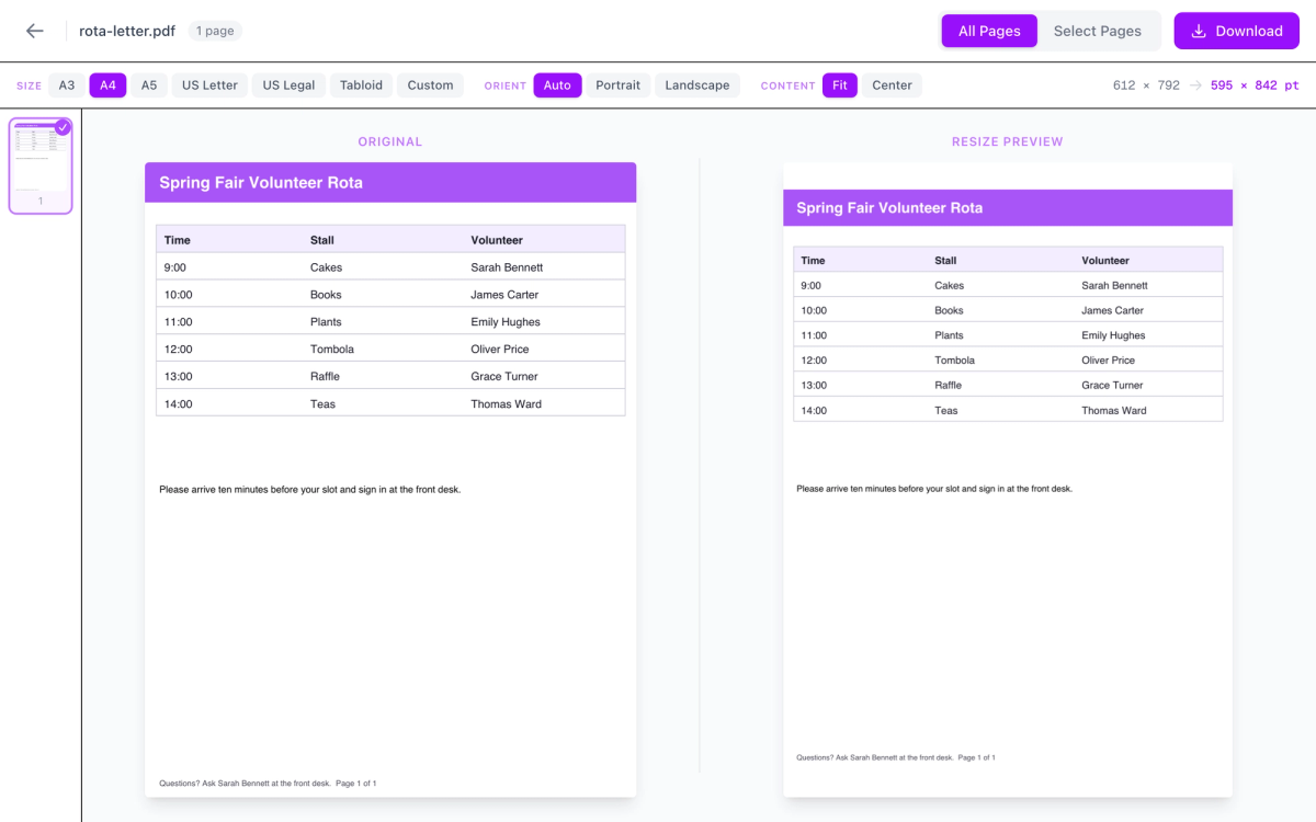 Resize PDF with a US Letter volunteer rota open: A4 and Fit are selected, the size readout shows 612 × 792 changing to 595 × 842 pt, and the A4 preview shows the same page slightly smaller with a white band above and below