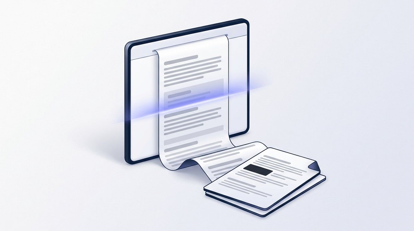 Illustration: a long webpage being scanned by a band of indigo light as it flows out of a browser window onto two sheets of paper, one with a dark redaction box