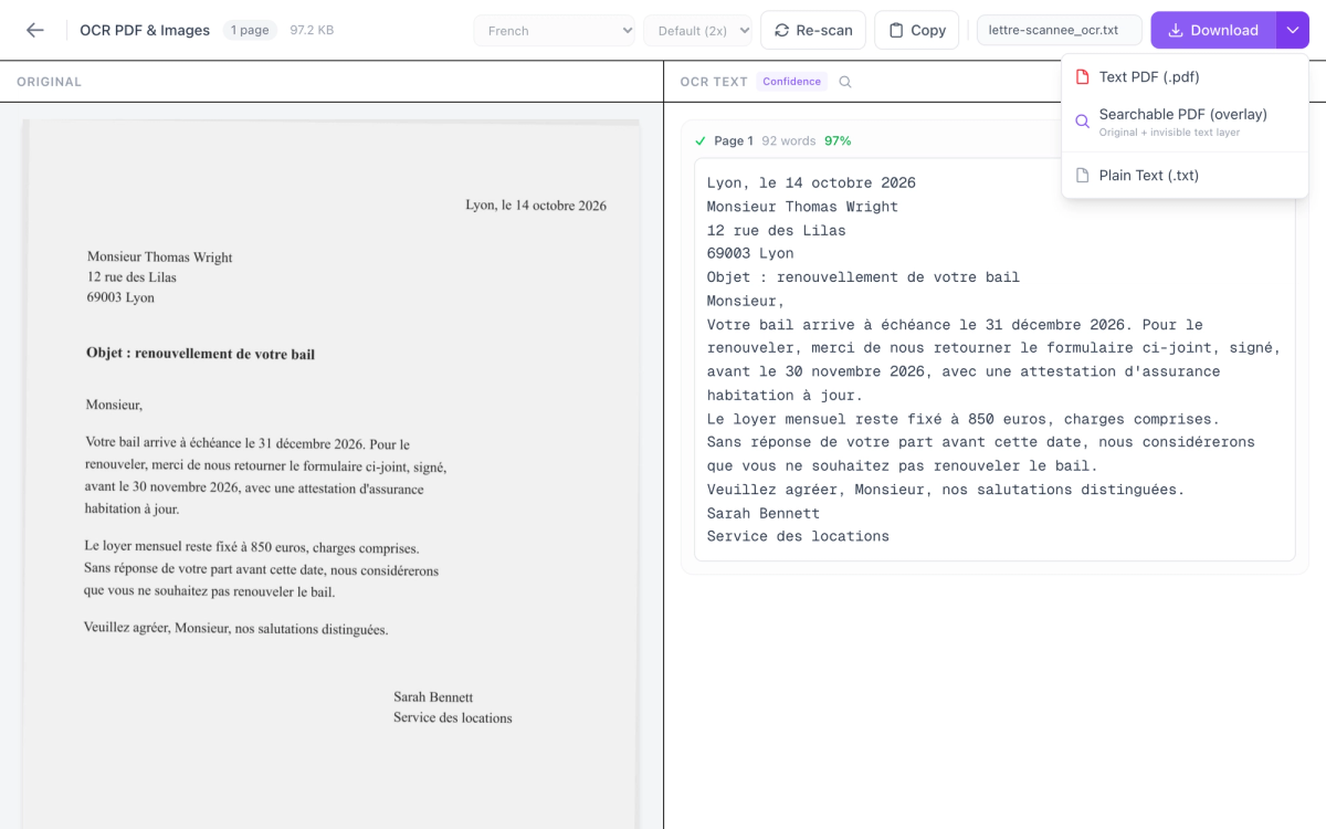 OCR PDF with a scanned French letter on the left, the recognised French text on the right marked 92 words and 97%, and the download menu open showing Text PDF, Searchable PDF (overlay) and Plain Text.