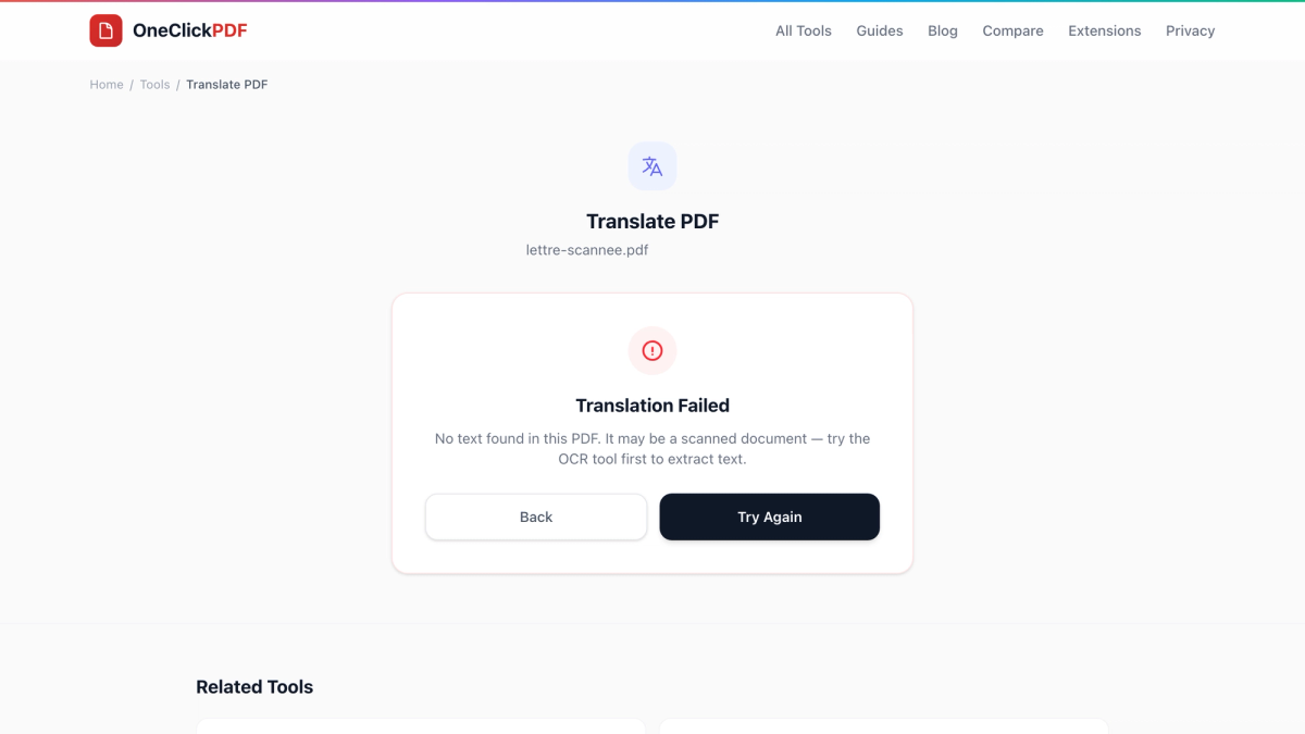 Translate PDF showing a Translation Failed card: No text found in this PDF. It may be a scanned document, try the OCR tool first to extract text.