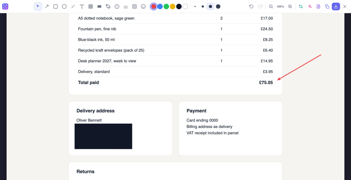 The ScreenSnap editor showing a sample order page with the address and email covered by a solid dark box and a red arrow drawn towards the order total