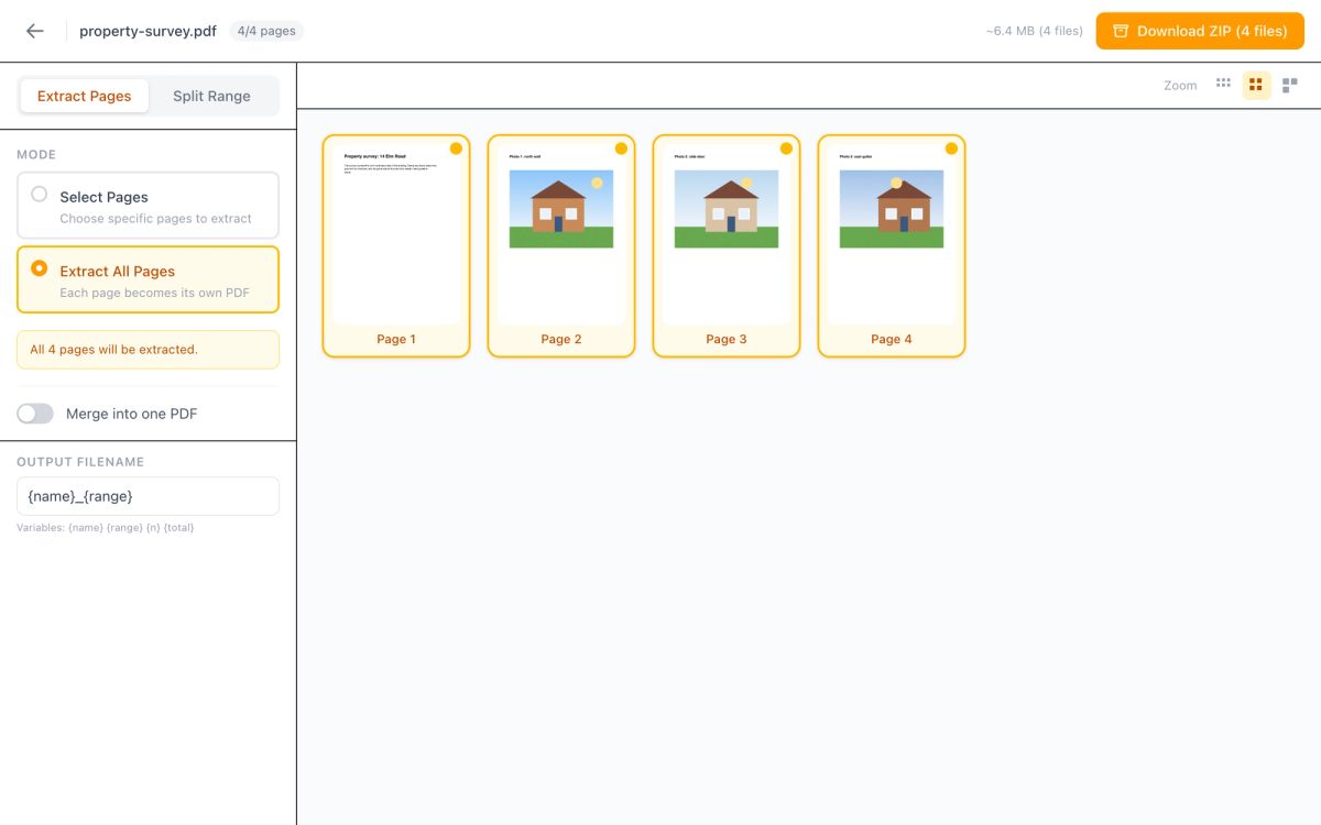 Split PDF with Extract All Pages selected and Merge into one PDF switched off, showing four page thumbnails and a Download ZIP (4 files) button