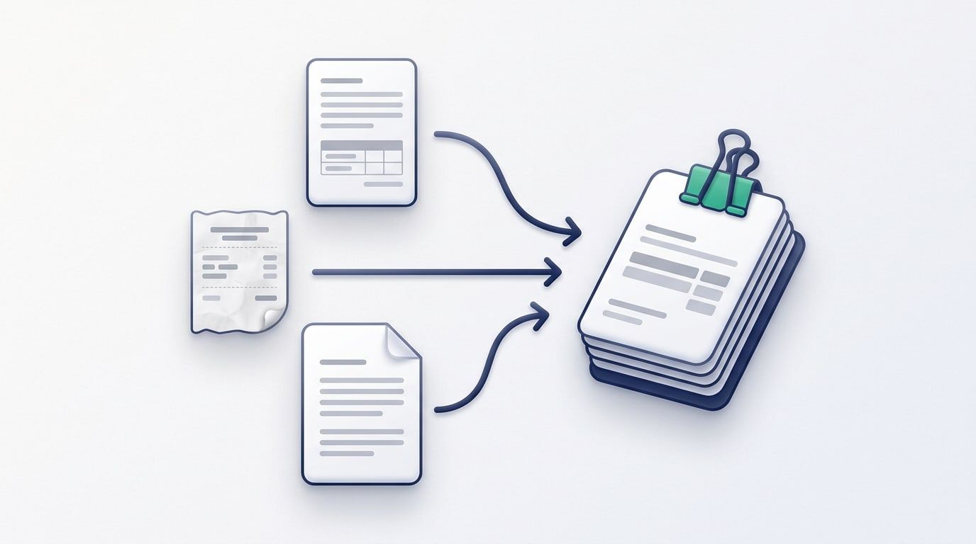 Illustration: a text page with a small table, a paper receipt and a page with a folded corner, each following an arrow into one stack of pages held by a green binder clip