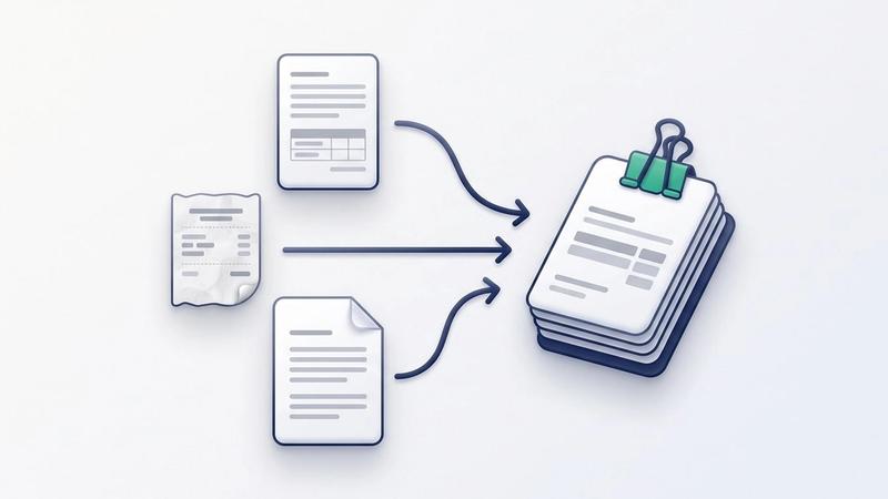 Illustration: a text page with a small table, a paper receipt and a page with a folded corner, each following an arrow into one stack of pages held by a green binder clip
