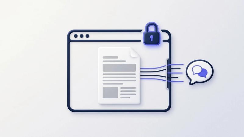 Illustration: a PDF page inside a browser window with a padlock on the window, while thin lines of text leave the page through a slot in the window edge towards a speech bubble holding two smaller speech bubbles