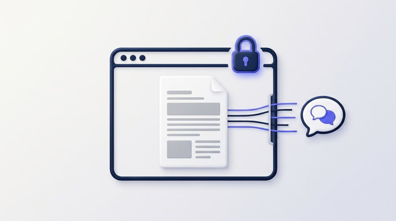 Illustration: a PDF page inside a browser window with a padlock on the window, while thin lines of text leave the page through a slot in the window edge towards a speech bubble holding two smaller speech bubbles