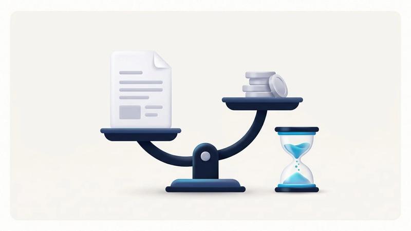 Illustration: a balance scale with a PDF page on one pan and a stack of plain coins on the other, beside an hourglass