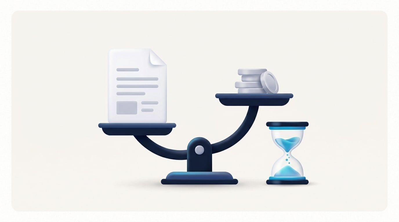 Illustration: a balance scale with a PDF page on one pan and a stack of plain coins on the other, beside an hourglass