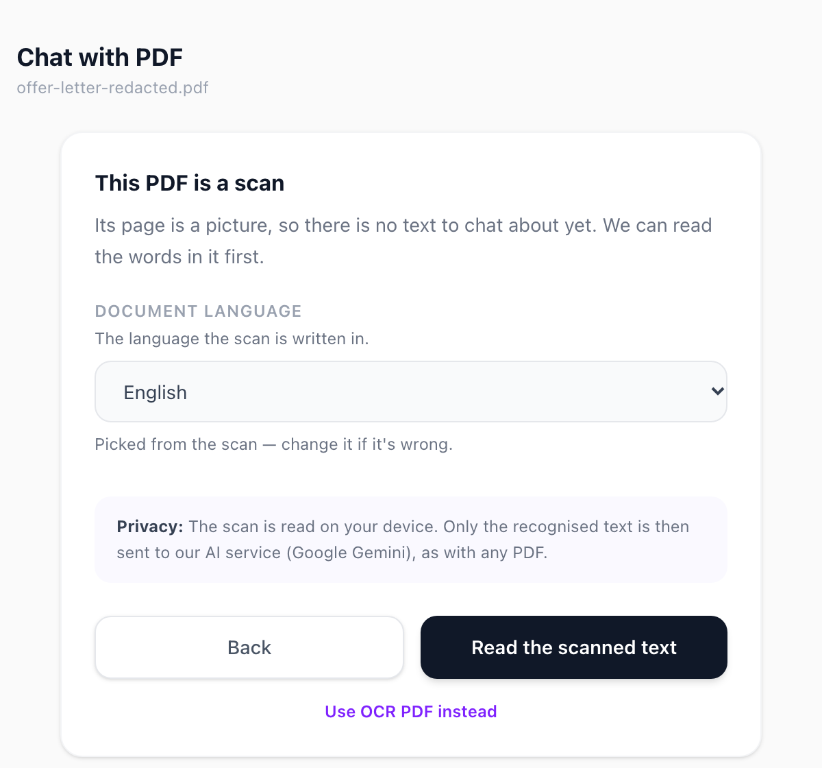 The Chat with PDF screen with the redacted offer letter loaded, showing a card titled This PDF is a scan, English picked as the document language, and a privacy note saying the scan is read on the device and only the recognised text is sent to Google Gemini