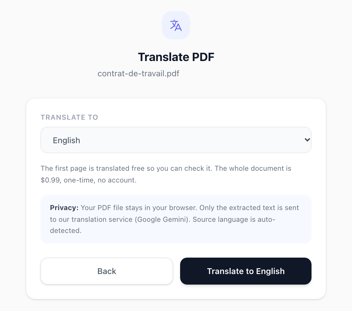 The Translate PDF screen with a French contract loaded, English chosen as the target language, a note that the first page is free and a privacy note saying only the extracted text is sent to Google Gemini