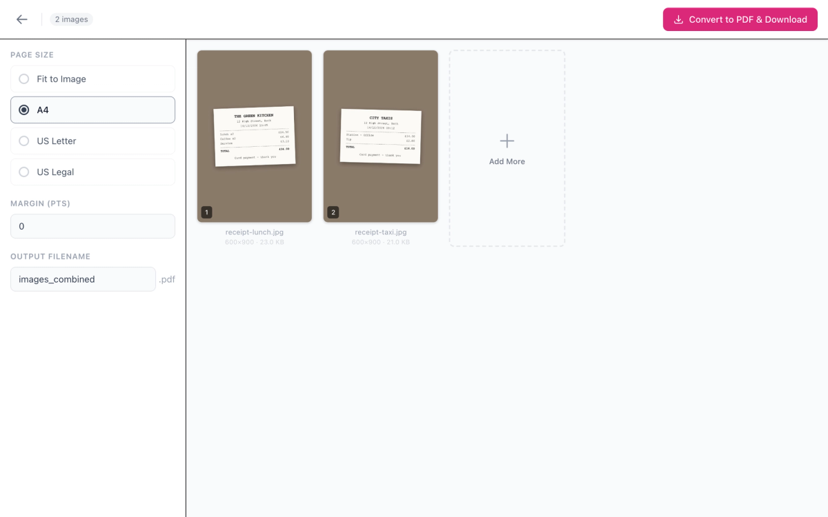 Image to PDF editor with two receipt photos as numbered thumbnails and A4 selected as the page size
