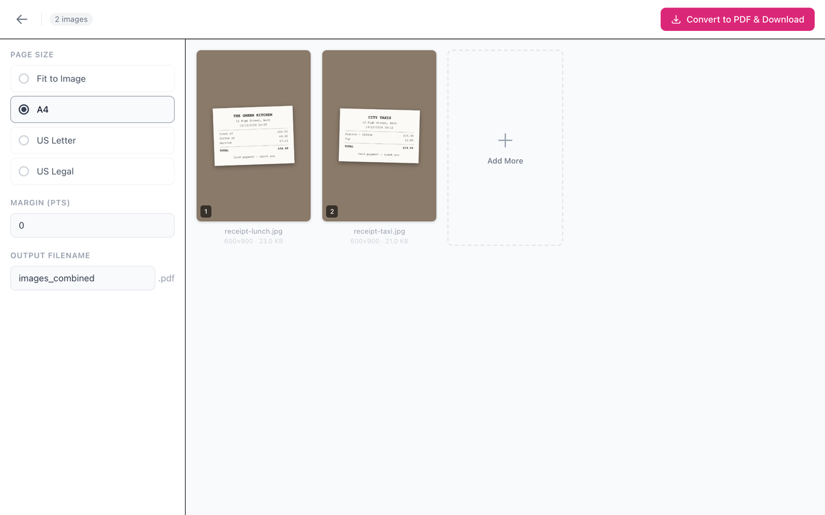 Image to PDF editor with two receipt photos as numbered thumbnails and A4 selected as the page size