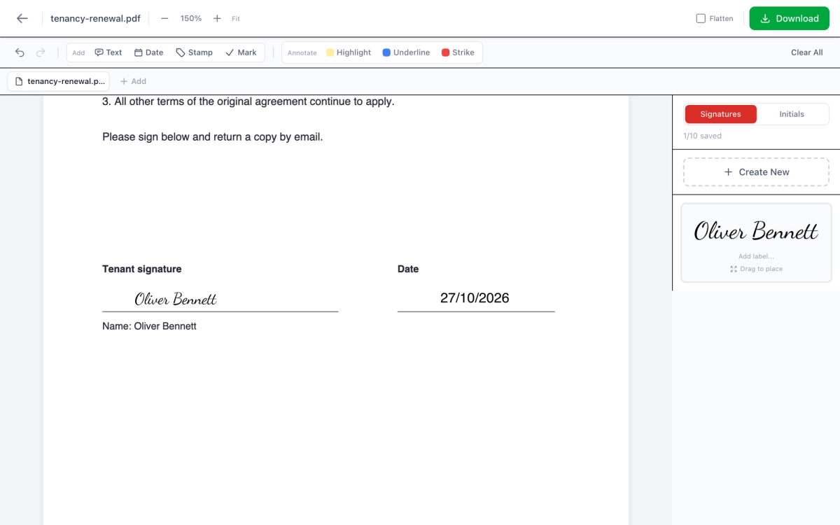 A tenancy renewal agreement open in Sign PDF, with the typed signature Oliver Bennett on the tenant signature line and the date 27/10/2026 on the date line