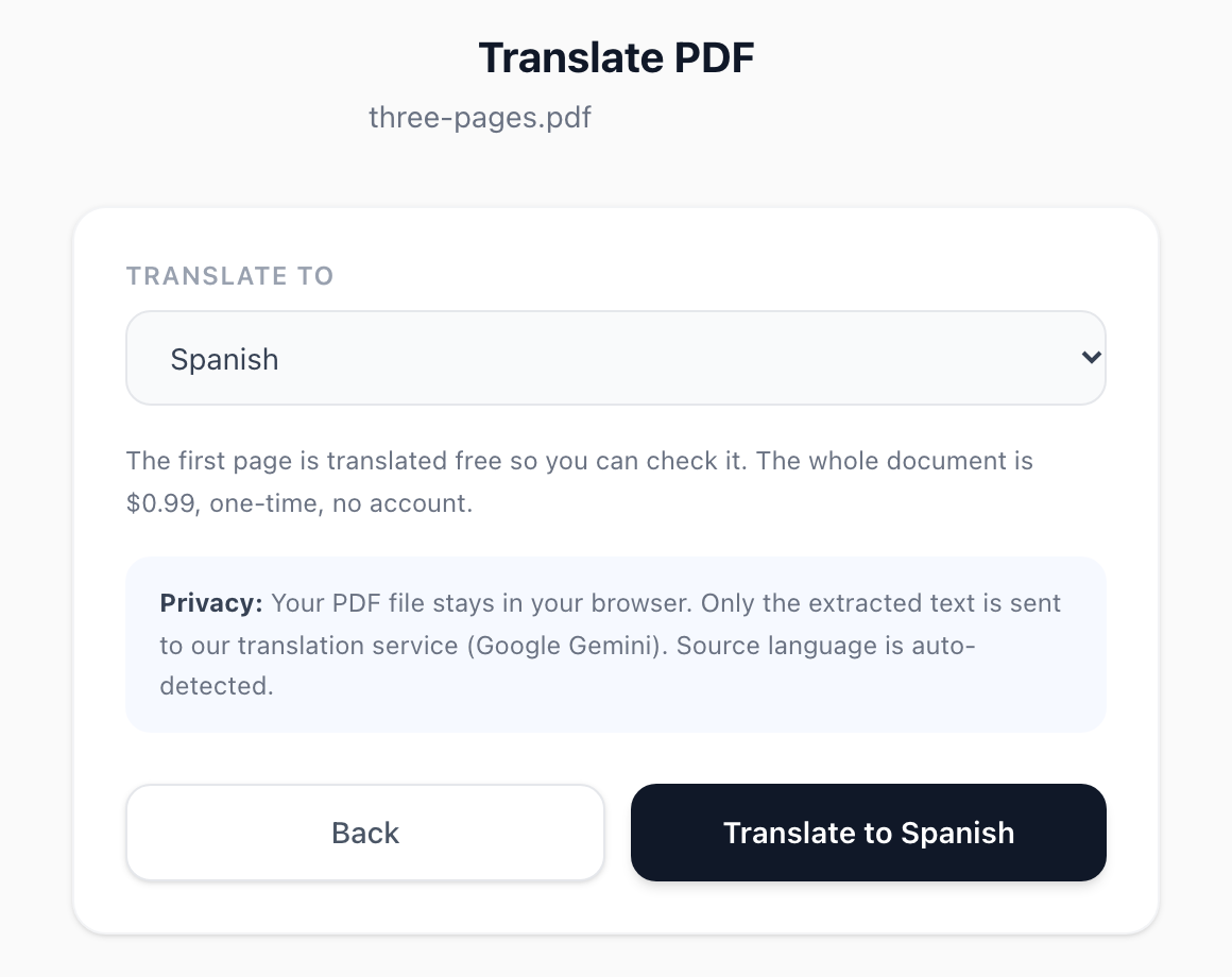 Translate PDF with a three-page PDF open: Spanish is chosen under Translate to, a note says the first page is translated free and the whole document is $0.99, and a privacy note says only the extracted text is sent to Google Gemini