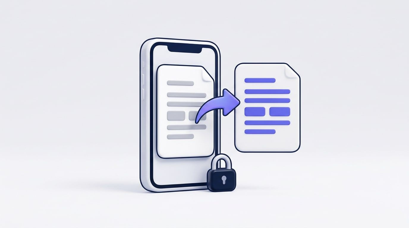 Illustration: a smartphone showing a document page with grey lines, a curved arrow leading to a second page with the same lines in indigo, and a small padlock at the phone's base