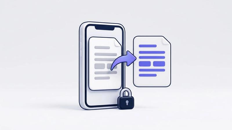 Illustration: a smartphone showing a document page with grey lines, a curved arrow leading to a second page with the same lines in indigo, and a small padlock at the phone's base