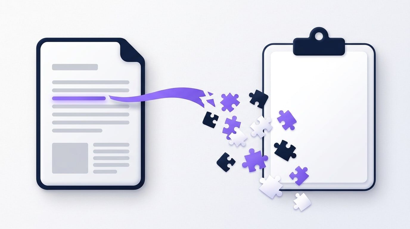 Illustration: a highlighted line of text pulled off a PDF page breaks into scattered jigsaw pieces before it reaches an empty clipboard