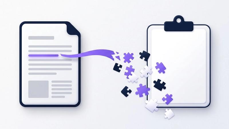 Illustration: a highlighted line of text pulled off a PDF page breaks into scattered jigsaw pieces before it reaches an empty clipboard