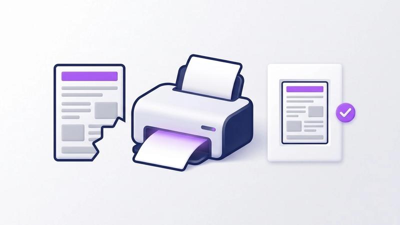 Illustration: a printer between two document pages; the page on the left has its bottom corner cut away, the page on the right fits inside a full sheet with an even white border and a check mark beside it
