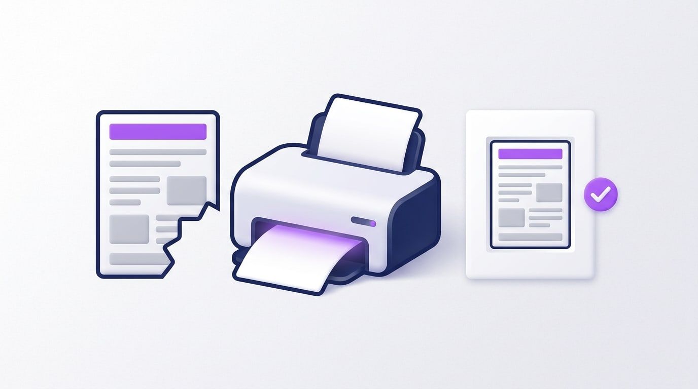 Illustration: a printer between two document pages; the page on the left has its bottom corner cut away, the page on the right fits inside a full sheet with an even white border and a check mark beside it