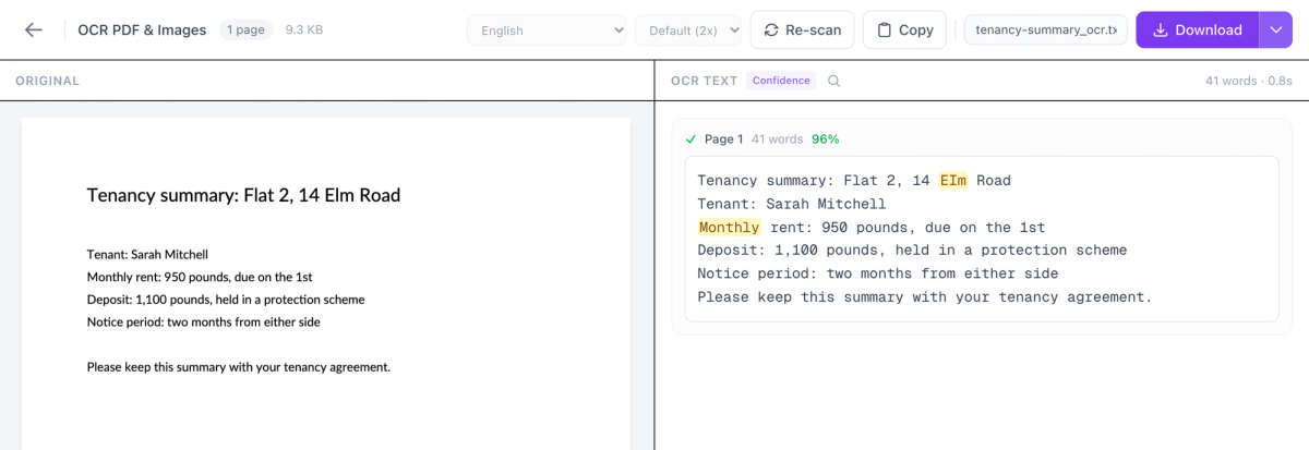 OCR PDF showing the same tenancy summary with the recognised text on the right, reading correctly line by line, with two words highlighted for checking