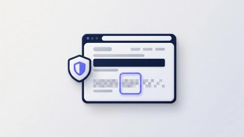 Illustration: a browser window showing a web page, with one line covered by a solid dark bar and the line below it broken into soft grey squares, next to a shield