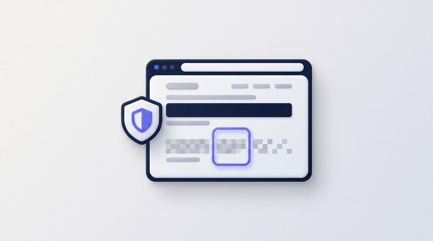Illustration: a browser window showing a web page, with one line covered by a solid dark bar and the line below it broken into soft grey squares, next to a shield