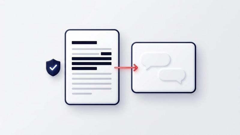 Illustration: a PDF page with some lines covered by black bars and others left plain, a shield with a check mark beside it, and a red arrow leading to a chat window with two empty speech bubbles