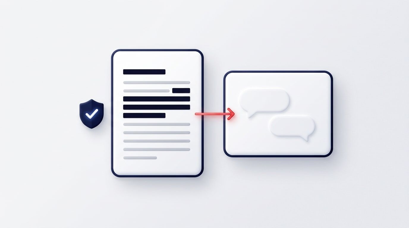 Illustration: a PDF page with some lines covered by black bars and others left plain, a shield with a check mark beside it, and a red arrow leading to a chat window with two empty speech bubbles
