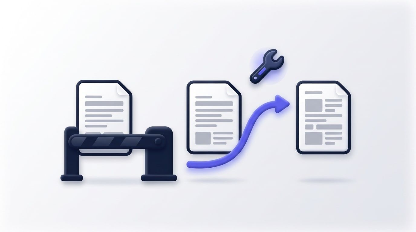 Illustration: a document page held back by a closed barrier, and beside it a curved arrow with a wrench above it leading to two more pages, the last with a different layout