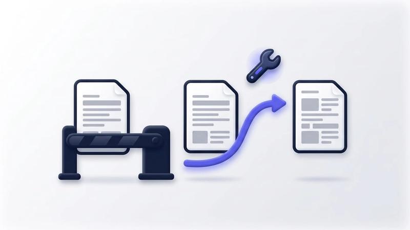 Illustration: a document page held back by a closed barrier, and beside it a curved arrow with a wrench above it leading to two more pages, the last with a different layout