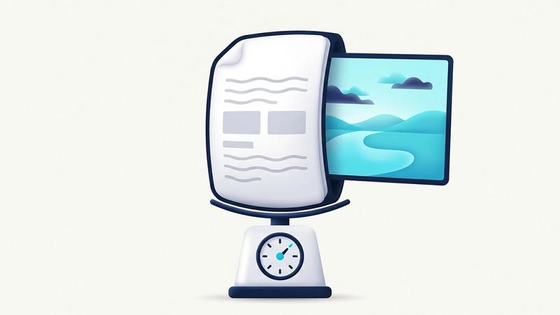 Illustration: a thick, bulging PDF page pressing down a kitchen weighing scale, with an oversized landscape photograph sticking out of its edge